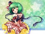  bare_shouders fingerless_gloves gloves green_hair hat hat_ribbon heart heart_hands macross macross_frontier mauve midriff mini_top_hat navel orange_eyes ranka_lee ribbon short_hair smile solo star top_hat twintails wink 