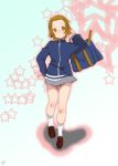  bag blush brown_eyes brown_hair hairband hand_on_hip k-on! legs loafers niea shoes short_hair skirt socks solo star tainaka_ritsu track_jacket white_legwear white_socks 