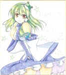  bare_shoulders detached_sleeves frog green_hair hair_ornament hand_on_chest hand_on_own_chest kochiya_sanae long_hair makino_(ukiuo) shikishi smile solo star touhou 