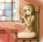  alternate_hairstyle bad_id bare_legs bottomless chair comb combing green_eyes green_hair hair_down hairdressing kagiyama_hina nosuku rough sitting smile sunbeam sunlight touhou window 