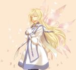  blonde_hair closed_eyes colette_brunel dress gloves happy jewelry long_hair mi_(pixiv) miho_(mi) necklace pantyhose petals sepia_background smile solo tales_of_(series) tales_of_symphonia white_gloves wings 
