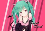  1girl bra copyright_name demon_tail green_hair hatsune_miku long_hair nail_polish off_shoulder pink_eyes rua_(abcd29211) solo striped striped_background sweet_devil_(vocaloid) tail twintails underwear vocaloid 