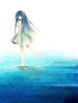 1girl bare_shoulders blue_hair dress furude_rika higurashi_no_naku_koro_ni legs long_hair looking_back nr_(cmnrr) solo walking_on_water water 