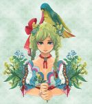  bird bird_on_head blue_eyes braid flower green_hair hair_flower hair_ornament hands long_hair mayday original ribbon solo twin_braids 