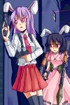  animal_ears armpit_holster black_hair black_legwear black_thighhighs bunny_ears dual_wielding glock gun handgun highres holster inaba_tewi long_hair multiple_girls pistol purple_hair rabbit_ears red_eyes reisen_udongein_inaba rocket_launcher rpg rpg-7 seiryouinryousui short_hair thigh-highs thighhighs touhou trigger_discipline weapon 