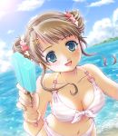  blue_eyes blush bracelet breasts brown_hair cleavage cloud clouds hair_ornament hairclip hiyori jewelry navel ocean open_mouth original popsicle solo swimsuit 