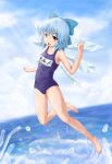  blue_eyes blue_hair cirno feet flat_chest flying legs lou_(battle32) name_tag one-piece_swimsuit school_swimsuit short_hair swimsuit touhou wings 