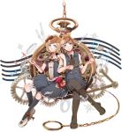  blonde_hair boots bow brother_and_sister crossed_legs flower gears hair_bow hair_ribbon highres jewelry kagamine_len kagamine_rin necklace pantyhose pocket_watch ribbon rouki_isago short_hair siblings sitting socks twins victorian vocaloid watch 