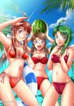  absurdres ahoge arseniquez bandeau beach bikini brown_hair clone food fruit glasses green_hair grin hasegawa_chisame highres holding holding_fruit innertube mahou_sensei_negima! multiple_persona ponytail red_bikini red_hair redhead side-tie_bikini smile swimsuit time_paradox tongue watermelon wink 