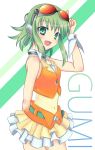  bad_id bare_shoulders goggles goggles_on_head green_eyes green_hair gumi navel open_mouth short_hair smile solo tbdfactory vocaloid 