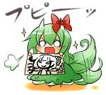  chibi drawing ex-keine excited fujiwara_no_mokou green_hair horns kamishirasawa_keine o_o ribbon sparkle tail tail_wagging touhou viva!! 