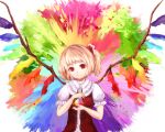  blonde_hair colorful flandre_scarlet hair_ribbon hal360 head_tilt no_hat no_headwear red_eyes ribbon short_hair short_sleeves side_ponytail smile solo touhou wings 