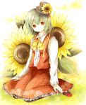  bad_id flower green_hair hat hat_flower head_tilt ichitaro kazami_yuuka mary_janes mini_top_hat pantyhose plaid plaid_skirt plaid_vest red_eyes shoes short_hair sitting skirt skirt_set smile solo sunflower top_hat touhou wariza 