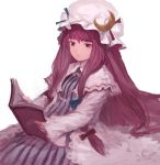  bow crescent crescent_moon dress face hair_bow hat long_hair patchouli_knowledge purple_eyes purple_hair reading shirabi_(life-is-free) simple_background solo touhou very_long_hair violet_eyes 