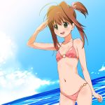  a1 bikini blue_background blush brown_hair character_request cloud dutch_angle flat_chest green_eyes jewelpet_(series) jewelpet_tinkle long_hair navel o-ring_bottom o-ring_top ocean open_mouth pink_bikini sakura_akari shading_eyes sky smile solo swimsuit 