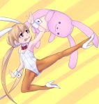  1girl animal_ears armpits arms_up bare_shoulders blonde_hair blush brown_eyes bunnysuit futaba_anzu idolmaster idolmaster_cinderella_girls kicking long_hair oku_(okumen) open_mouth pantyhose pose rabbit_ears solo spread_legs stuffed_animal stuffed_bunny stuffed_toy twintails wrist_cuffs 