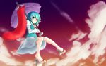  blue_eyes blue_hair cloud clouds dress heterochromia highres karakasa karakasa_obake naroku-kariki red_eyes sandals short_hair solo star sunset tatara_kogasa tongue touhou umbrella wallpaper 