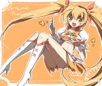 blonde_hair blush boots breasts character_name cure_sunshine endou_chihiro hair_ribbon heart heartcatch_precure! legs magical_girl myoudouin_itsuki open_mouth orange_(color) orange_background orange_dress precure ribbon skirt solo title_drop twintails under_boob underboob wrist_cuffs 