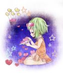  campanella_(vocaloid) child dress edo. goggles goggles_on_head green_hair gumi heart paper_airplane sad short_hair sitting solo vocaloid wariza 