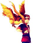  alternate_costume artist_request baseball_cap bird brown_hair hat pidgeot poke_ball pokemon pokemon_(creature) pokemon_(game) popped_collar red_(pokemon) red_(pokemon)_(remake) simple_background wristband 