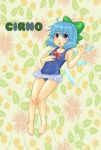  absurdres adapted_costume barefoot blue_eyes blue_hair blush bow character_name cirno feet flat_chest hair_bow hands highres kirikoxsyamo one-piece_swimsuit short_hair solo swimsuit takano_kiriko touhou wings 