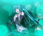  amputee android aqua_hair cord green_eyes hair_over_one_eye hand_on_chest hand_on_own_chest hatsune_miku hiroaki_(huruhonya) long_hair open_mouth sitting solo tears thighhighs twintails vocaloid 