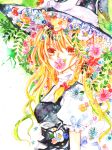  bow braid bust colorful flower hat highres kirisame_marisa long_hair mouth_hold shiratsuyu single_braid star symbol-shaped_pupils touhou traditional_media watercolor_(medium) witch_hat yellow_eyes 