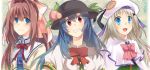  bad_id blue_eyes blue_hair brown_hair cape crossover da_capo_ii food fruit hare_(artist) hat hinanawi_tenshi konatsu_hare little_busters!! long_hair noumi_kudryavka peach red_eyes school_uniform silver_hair touhou 