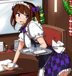  1girl alternate_costume apron blush bow brown_hair checkered checkered_skirt christmas christmas_tree cowboy_shot enmaided glass hair_bow himekaidou_hatate ice_cube long_hair maid maid_apron maid_cafe maid_headdress mid_win_h open_mouth skirt solo tabasco table touhou towel tray twintails violet_eyes wiping wreath wrist_cuffs 