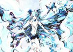  blue_eyes butterfly charmal chiyamaru flower garters hair_flower hair_ornament hatsune_miku long_hair midriff multicolored_hair navel solo traditional_media twintails very_long_hair vocaloid watercolor_pencil_(medium) 