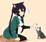  animal animal_ears black_hair blush brown_eyes cat cat_teaser hatasuke k-on! long_hair nakano_azusa sitting twintails 