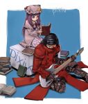 black_hair blue_eyes book character_request cosplay electric_guitar glasses gloves guitar instrument long_hair mask patchouli_knowledge pixiv plectrum purple_hair reading sitting surgical_mask sweatdrop touhou trigun vash_the_stampede vash_the_stampede_(cosplay) 