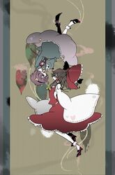  ame_(96berd) artist_request bow brown_hair detached_sleeves dress hair_bow hakurei_reimu headband heart komeiji_satori multiple_girls purple_hair short_hair third_eye touhou upside-down 