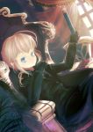 aqua_eyes blonde_hair curtains eddieching excalibur fate/stay_night fate/zero fate_(series) formal gloves highres pant_suit saber sitting solo suit sword throne tragic_comedy weapon window 