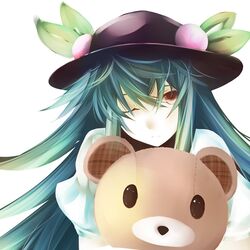  blue_hair food fruit hat hinanawi_tenshi kazabosi long_hair peach red_eyes stuffed_animal stuffed_toy teddy_bear touhou 