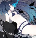  bikini_top black_rock_shooter black_rock_shooter_(character) blue_eyes chain checkered checkered_floor glowing_eye highres pale_skin scar shorts solo takesouko twintails 