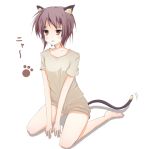  animal_ears bad_feet barefoot brown_eyes brown_hair cat_ears cat_tail kemonomimi_mode nagato_yuki no_pants poorly_drawn shin_(nagaburo) short_hair suzumiya_haruhi_no_yuuutsu t-shirt tail 