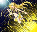  blonde_hair blue_eyes boots cable cd checkered checkered_floor collar headphones legs lily_(vocaloid) long_hair microphone microphone_stand navel open_mouth renta singing skirt solo thigh-highs thigh_boots thighhighs vocaloid zettai_ryouiki 