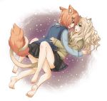  animal_ears barefoot between_legs blonde_hair blue_eyes blush brown_eyes cat_ears cat_tail dog_ears dog_tail eye_contact feet fuwayu girl_on_top hair_ornament hairclip hand_behind_head highres intertwined_tails legs long_hair lying multiple_girls mutual_yuri open_mouth original profile red_hair redhead school_uniform sweater tail tail_wrap vest yuri 