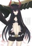  black_gold_saw black_hair black_rock_shooter gauntlet_style_gloves gloves horns huge_sword huge_weapon jacket long_hair midriff navel open_fly red_eyes rinbukyoku shorts star sword unzipped very_long_hair weapon 