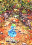  animal autumn backpack bag blue_eyes blue_hair boots colored_eyelashes eyelashes frog hair_bobbles hair_ornament hat kawashiro_nitori key leaf maple_leaf namie-kun nature outdoors rock rubber_boots scenery solo stream touhou tree turtle twintails water waterfall watermark 