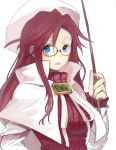  blue_eyes face glasses hat long_hair open_mouth pointer red_hair redhead shirabi_(life-is-free) simple_background solo summon_night summon_night_3 turtleneck 