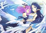  angel_wings bare_shoulders blue_eyes blue_hair china_dress chinese_clothes closed_eyes face feathers flying highres hug lastswallow long_hair multiple_girls original pink_hair pointy_ears wings 