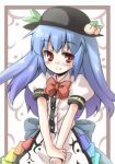  blue_hair blush food fruit hat hinanawi_tenshi long_hair lowres peach red_eyes touhou 