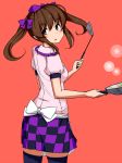  1girl apron back blush bow brown_hair checkered checkered_skirt cooking cowboy_shot from_behind frying_pan hair_bow hat himekaidou_hatate long_hair looking_at_viewer looking_back mid_win_h open_mouth red_background skirt solo spatula thigh-highs tokin_hat touhou twintails violet_eyes zettai_ryouiki 