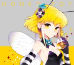  bare_shoulders bee_girl blonde_hair breasts cleavage detached_sleeves drinking earrings gloves hair_ornament holding honey jewelry leotard nardack original short_hair solo straw striped wings yellow_eyes 