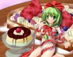  bow cake food front_ponytail fruit green_eyes green_hair hair_bow hair_ribbon icing in_food kagiyama_hina maisaki_miyabi minigirl naked_ribbon pudding ribbon short_hair solo strawberry touhou 