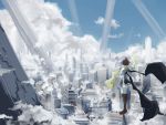  cityscape cloud clouds from_behind hat looking_afar nairo_(aozora0419) scarf scenery shameimaru_aya short_hair sky solo touhou wings 