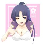  artist_request blue_hair breasts cleavage kibitsu_momoko ookami-san ookami-san_to_shichinin_no_nakamatachi open_mouth ponytail wink 