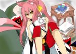  animal_ears belt blazblue book candy glasses highres kokonoe lollipop long_hair orange_eyes pink_hair playstation_portable psp slit_pupils tail tongue 